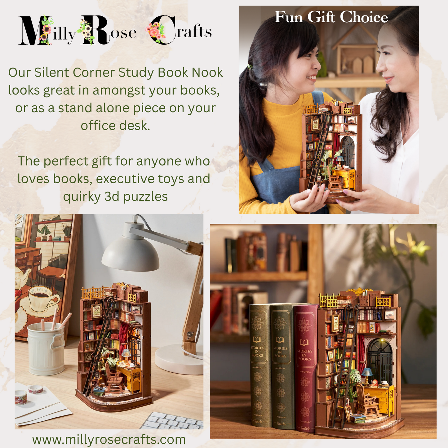 Rolife Silent Corner Study Book Nook Kit Adults 3d Wooden Puzzle Library Book Nook LED Light Desk Bookshelf Decoration 14+ Teen Craft Gift 3d Puzzle New Arrivals in the MillyRose Crafts Family