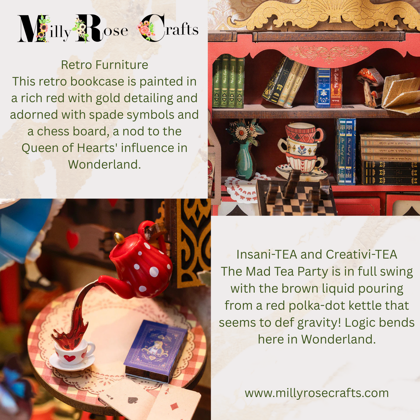 Rolife Fall into Wonder Book Nook Kit Adults 3d Wooden Puzzle Alice Theme Book Nook LED Light Desk Bookshelf Decoration 14+ Teen Craft Gift 3d Puzzle New Arrivals in the MillyRose Crafts Family