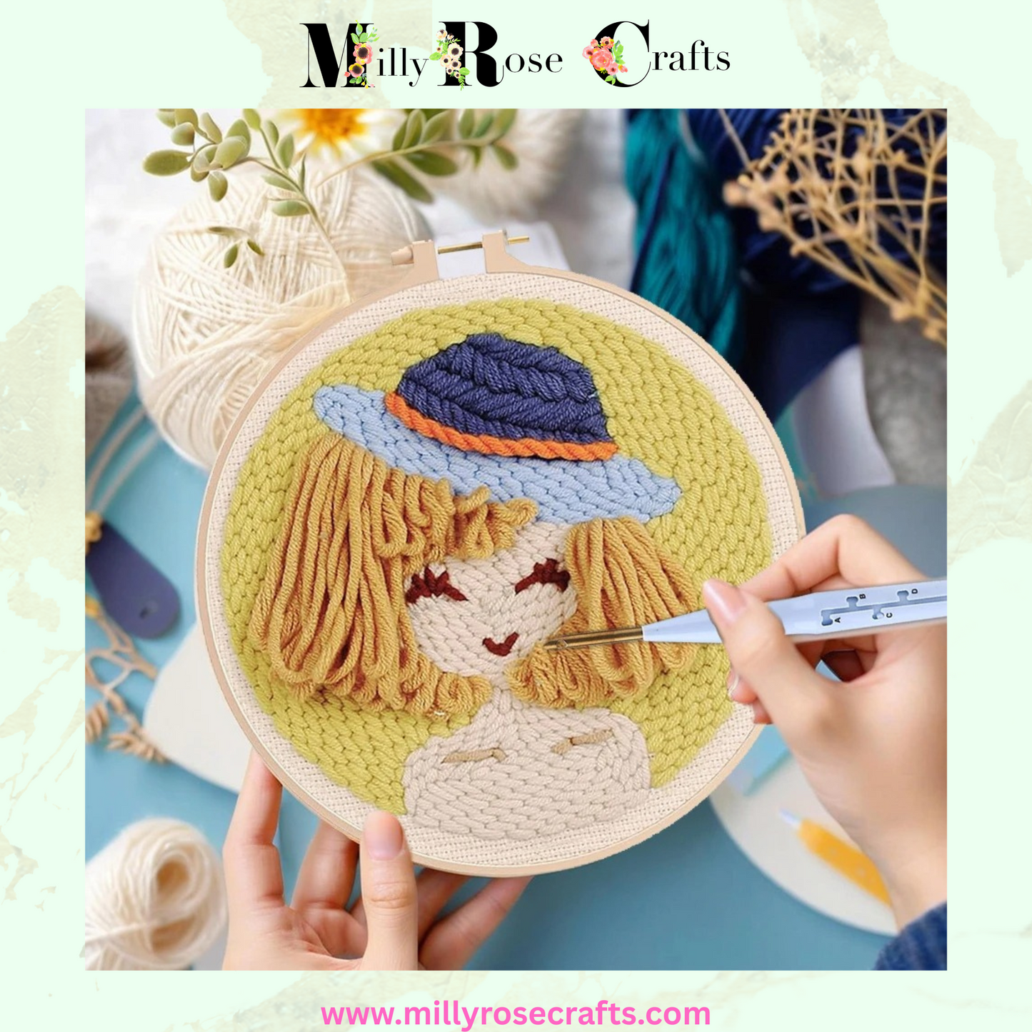 Girl Punch Needle Kit: Girl with Textured Hair Embroidery Kit Punch Needle kit New Arrivals in the MillyRose Crafts Family