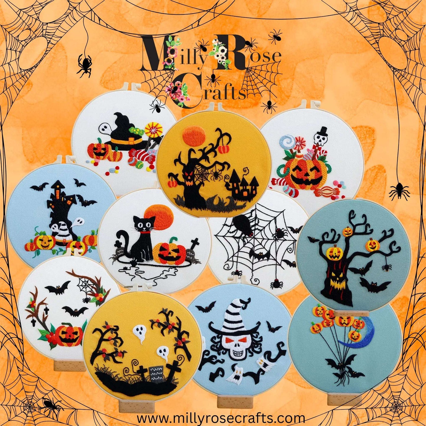 Halloween Embroidery Witches Pumpkins Ghosts Easy Embroidery kits Set 1a: 5 Designs to choose from, Beginner friendly stamped cross stitch Embroidery kit New Arrivals in the MillyRose Crafts Family