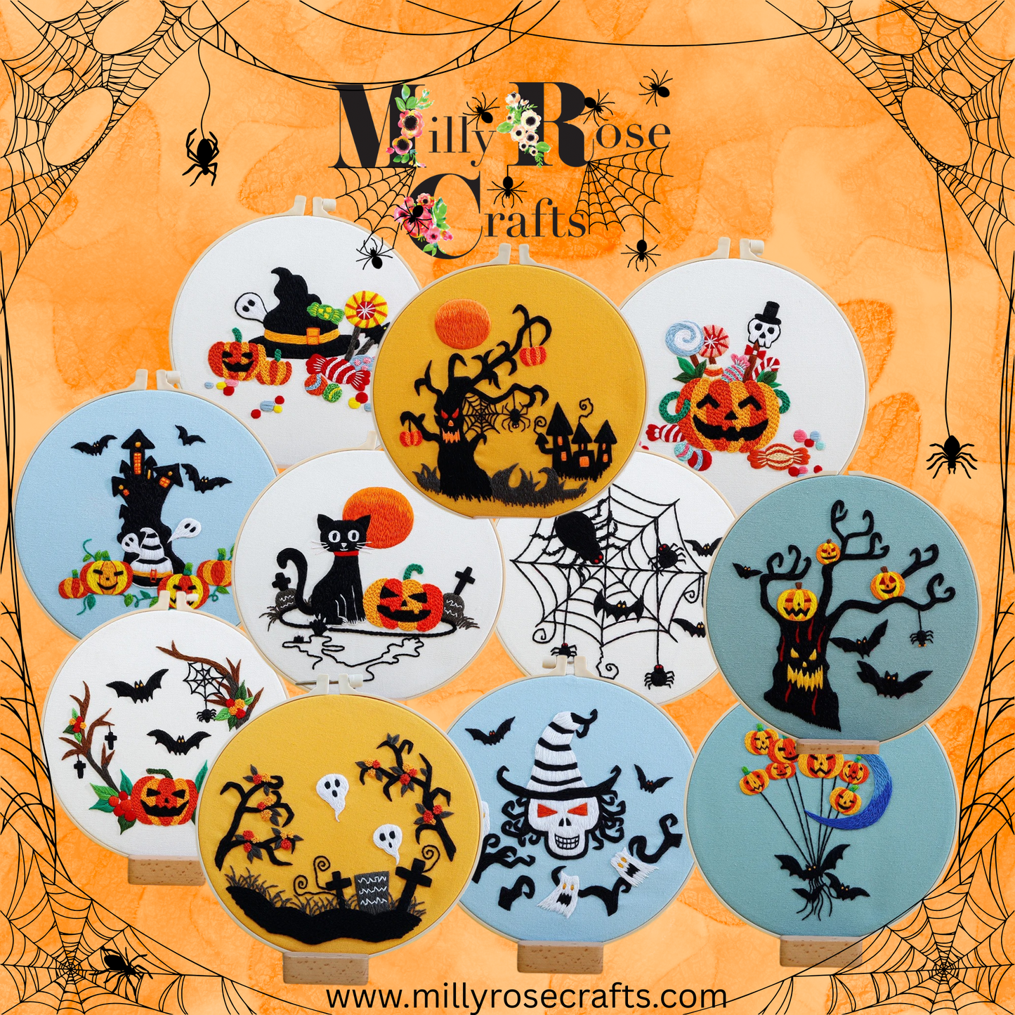 Halloween witches pumpkins ghosts embroidery kits 3 Kit Sets to choose from, Beginner stamped cross stitch (Copy) Embroidery kit New Arrivals in the MillyRose Crafts Family