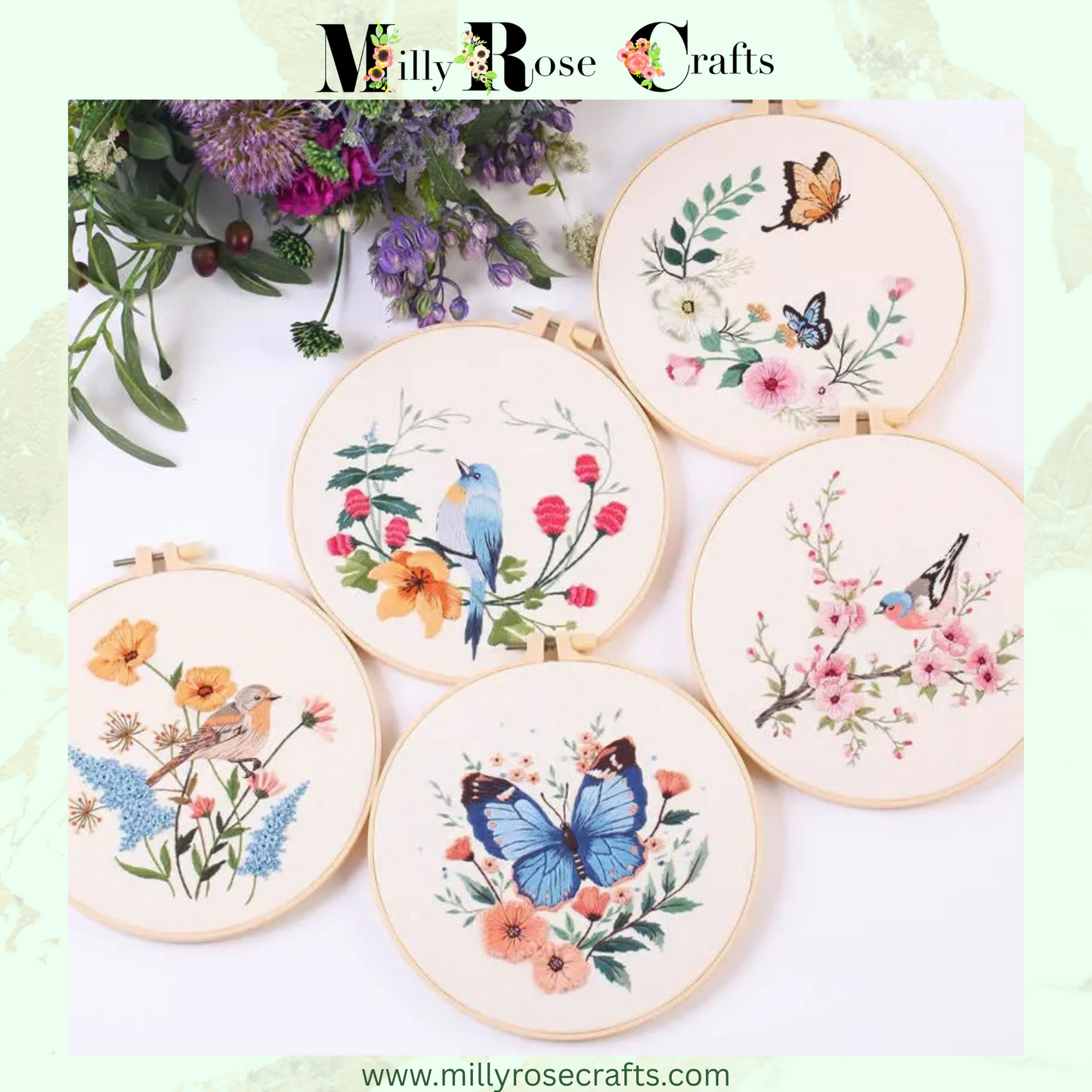 Bird & Butterfly Embroidery Kit Summer Flowers Embroidery Beginner Adult Easy Instructions Stamped Embroidery Threads Hoop Craft Gift Idea Embroidery kit New Arrivals in the MillyRose Crafts Family