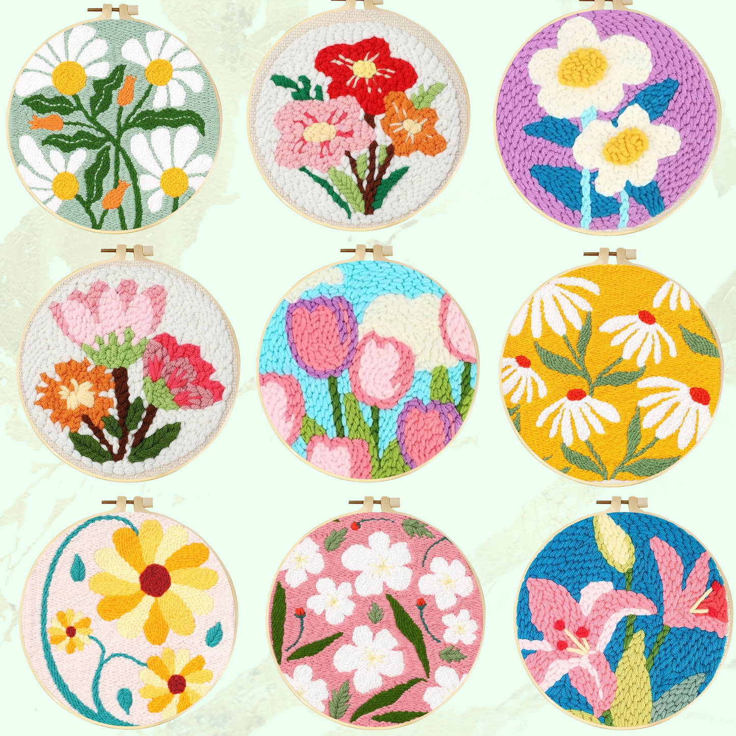 Flower Punch Needle Kit Floral Embroidery Kit Easy Beginner Daisy Tulip Iris Tufting Kit 20cm Hoop Pre Printed Cloth Craft Kit Gift Idea Punch Needle kit New Arrivals in the MillyRose Crafts Family