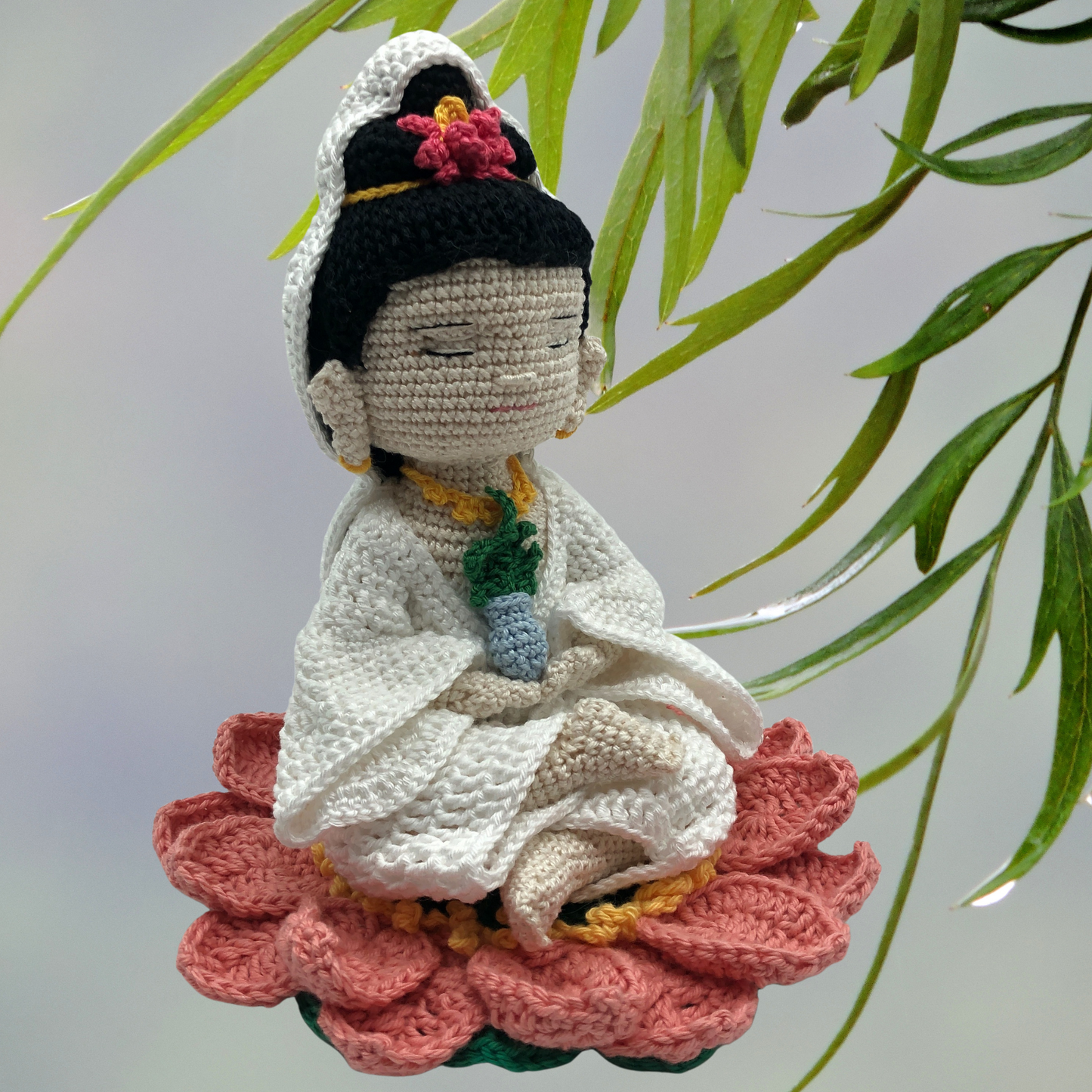 Hand-Crocheted Buddha Bodhisattva Figure Lotus Flower Coaster Peaceful Monk Amigurumi Meditation & Wellbeing Altar Gift