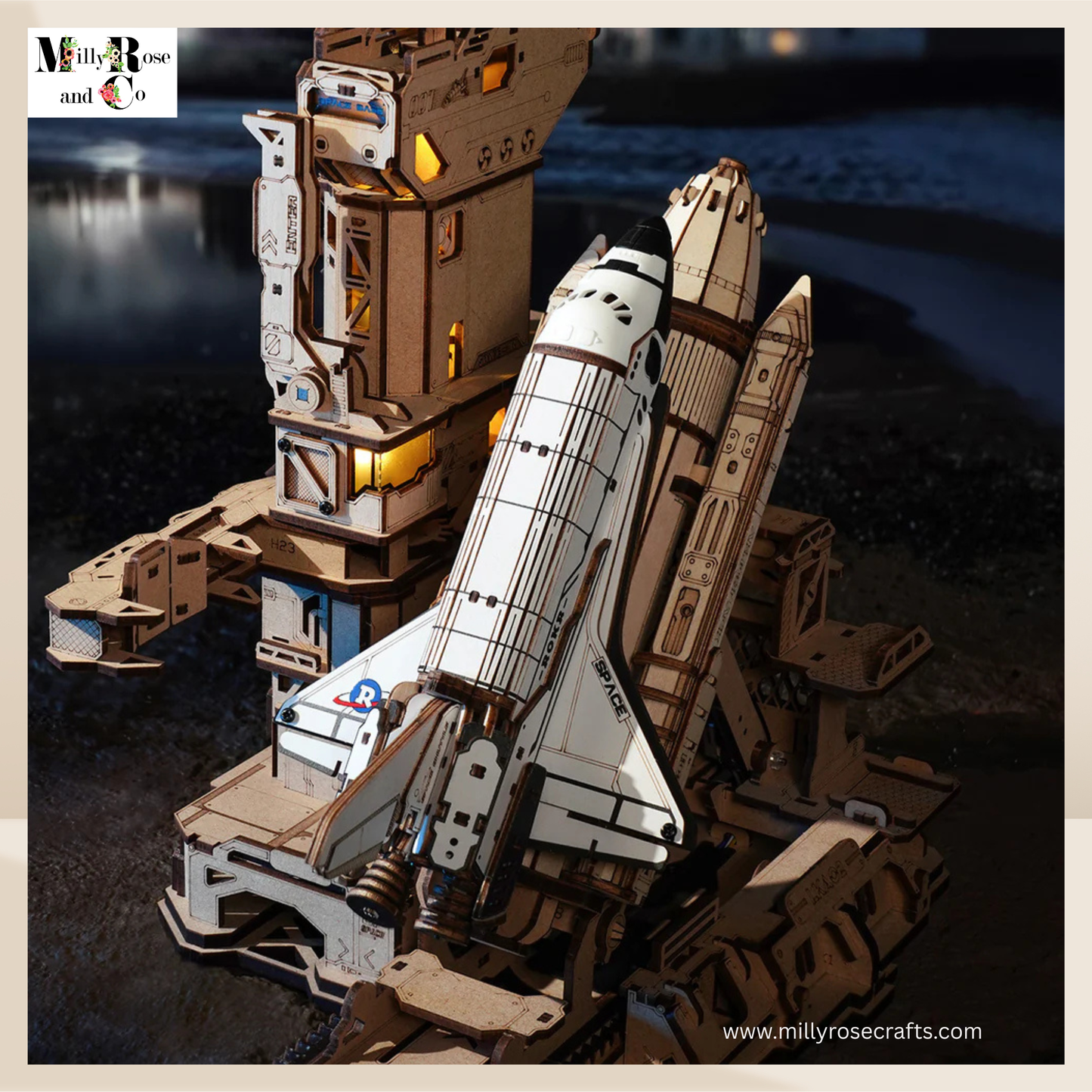 ROKR Space Shuttle 3D Wooden Puzzle Moving Rocket Launch Tower with Lights Mechanical Building STEM Project for Adults Teens Perfect Gift