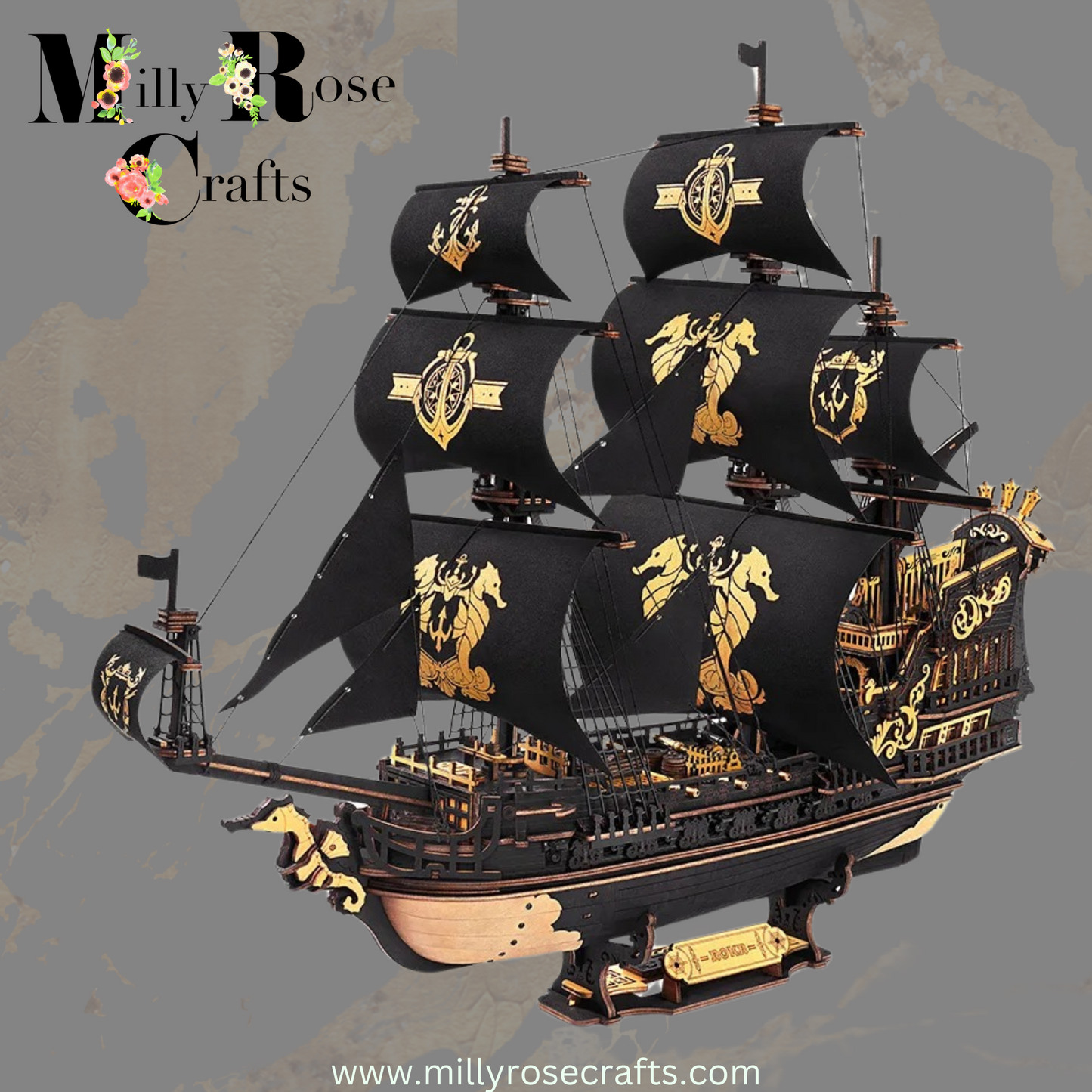 Robotime Rokr 3D Puzzle Wooden Seahorse Barque MCB02 Model Galleon Ship Kit 1:100 Build Home Desk Decoration Craft Gift For Teens and Adults 3d Puzzle New Arrivals in the MillyRose Crafts Family