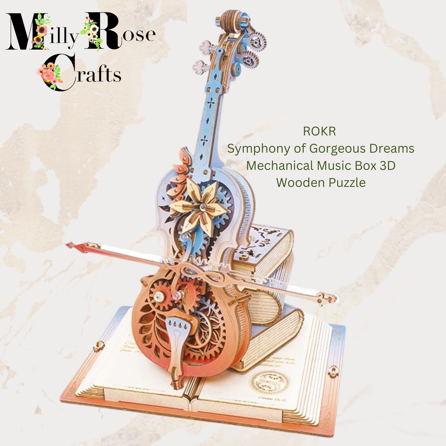 Robotime Rokr 3D Wooden Puzzle Magic Cello Mechanical Intermediate Music Box Symphony of Gorgeous Dreams Craft Kit Design Gift for Family 3d Puzzle Robotime Wooden Collectibles & Mechanical Crafts, Rokr Crafty Book Nooks, Wooden Jigsaws Rolife Wooden Room settings Robud Montessori ToyaMechanical Puzzles and Collectibles