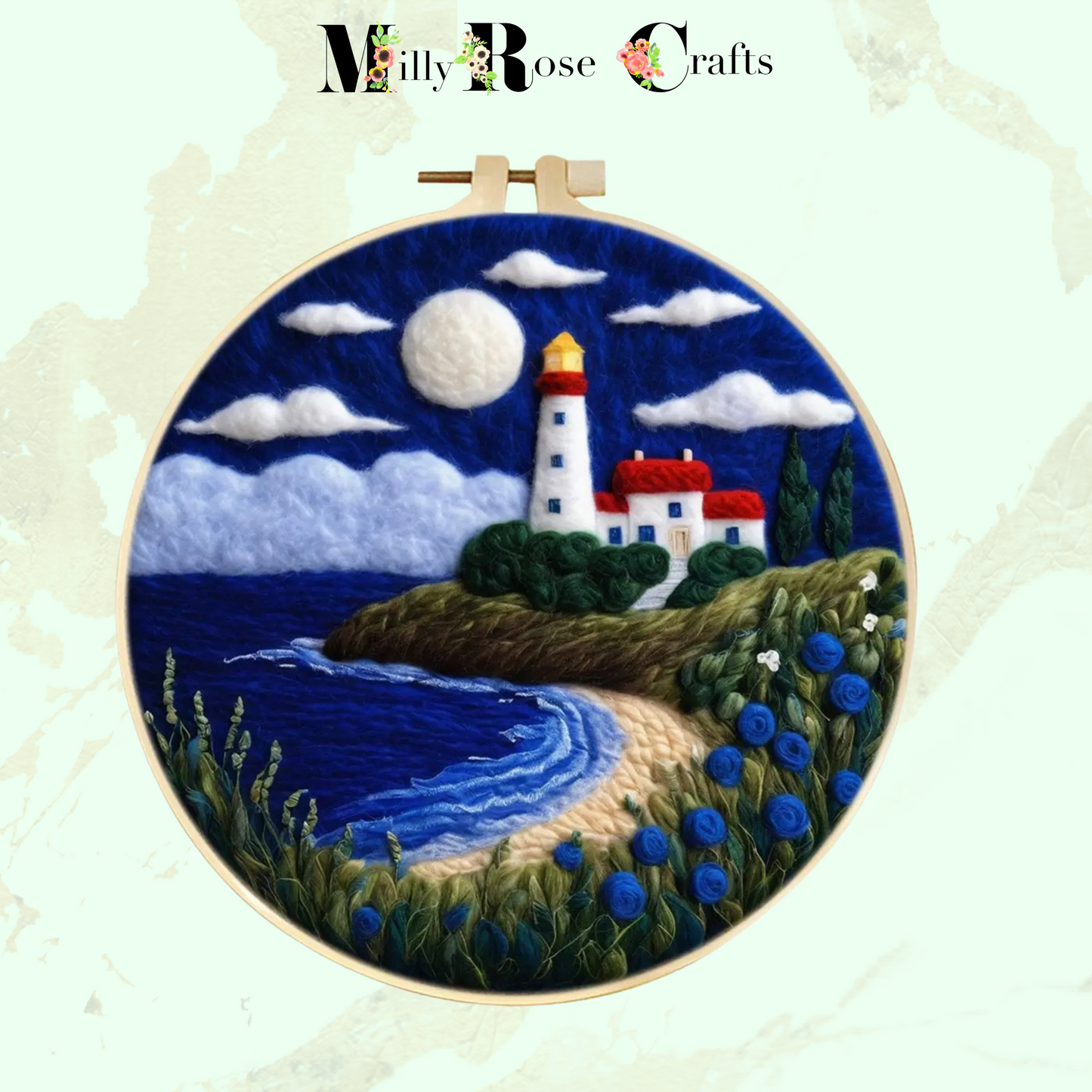 2d Needle Felting Kit Blue Themed Beach Cove Seascape Wool Painting Kit Adult Beginner Friendly Lighthouse Needle Felting Craft Kit 2D Needle Felting Kit 2D Needle Felting, the wonderful art of wool painting