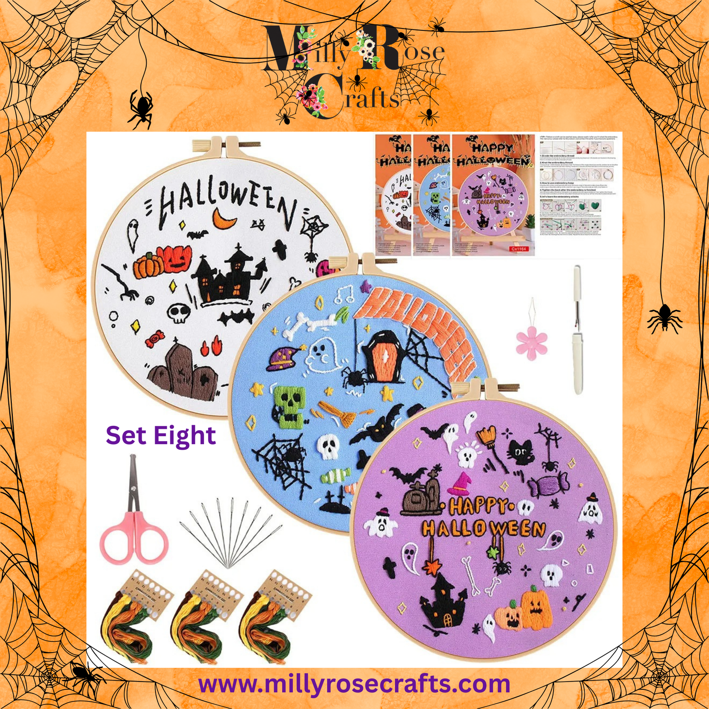 Halloween Embroidery Kits Set of 3 Witches pumpkins ghosts embroidery Kit Easy Beginner Complete stamped cross stitch Kit Threads 3 Hoops