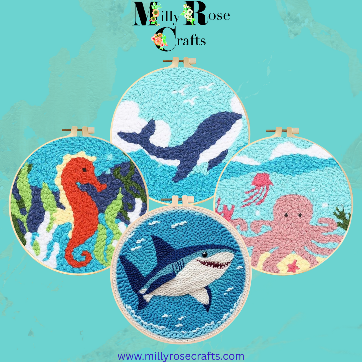 Whale Punch Needle Kit Seahorse Shark Octopus Embroidery Kit Easy Beginner Ocean Life Tufting Kit 20cm Hoop Pre Printed Cloth Craft Kit Gift Punch Needle kit New Arrivals in the MillyRose Crafts Family