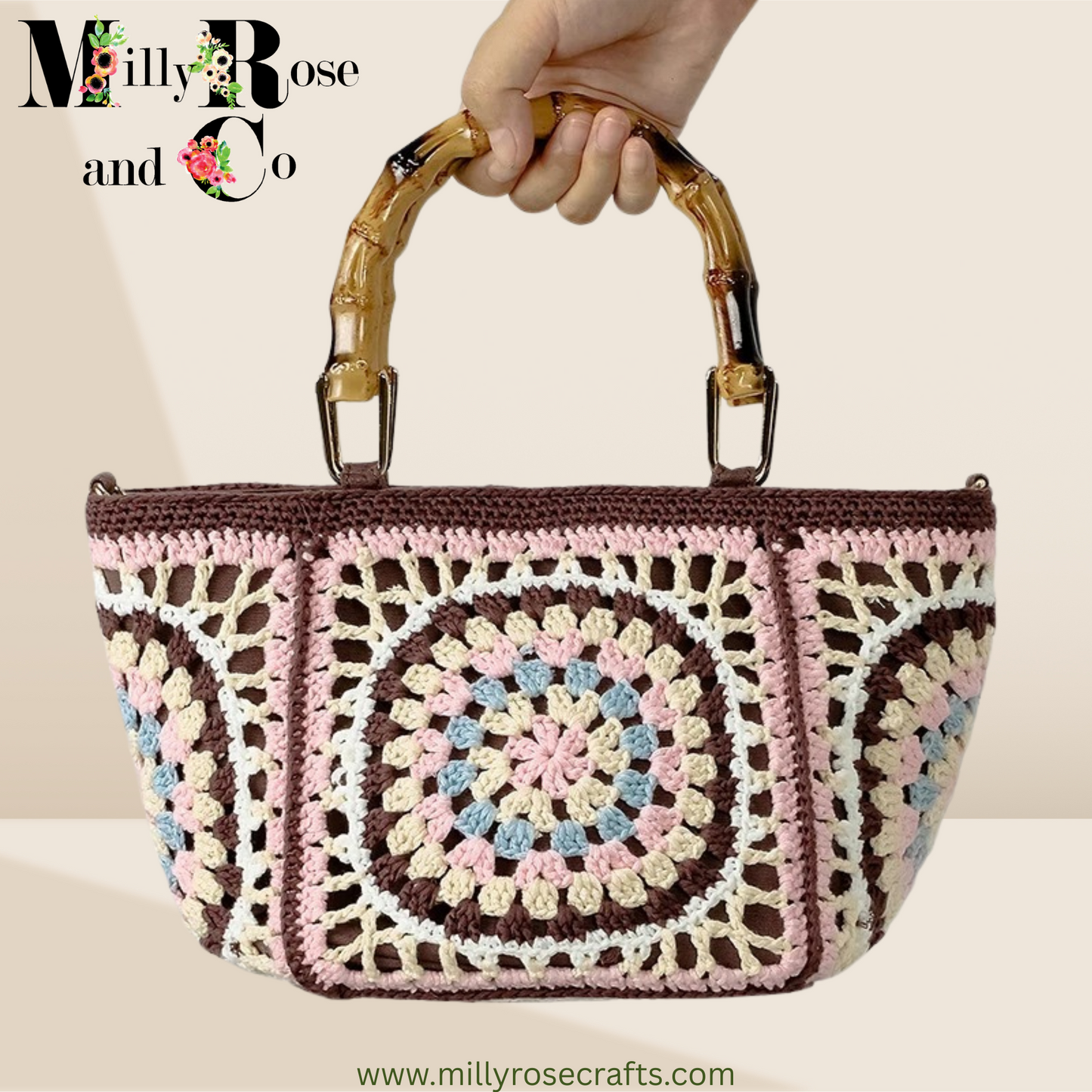 Bohemian Crochet Granny Square Hand Bag Small Tote with Bamboo Handle Hand-Woven Shoulder Bag Ideal Gift