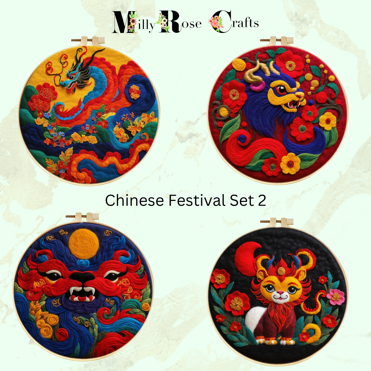 2d Needle Felting Kit, Set 2 of 5 Chinese Festival Theme Wool Painting Kit Adult Beginner Friendly Chinese Dragon Needle Felting Craft Kit 2D Needle Felting Kit 2D Needle Felting, the wonderful art of wool painting