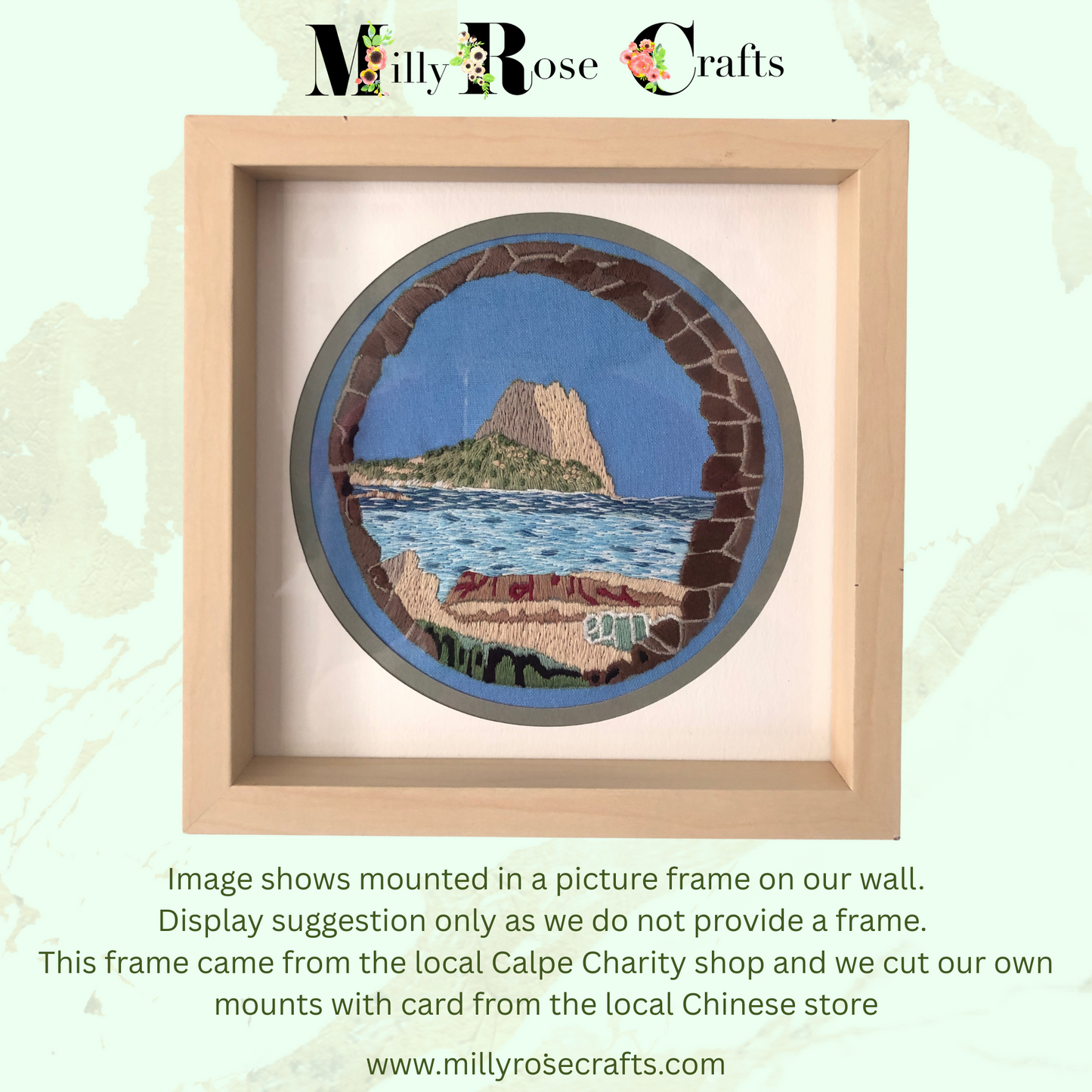 Penon de Ifach Calpe Rock Embroidery Kit Bofill Social Club Calpe Beginner Friendly Pre Stamped Linen/Cotton Embroidery Cloth 15cm Hoop Embroidery kit New Arrivals in the MillyRose Crafts Family