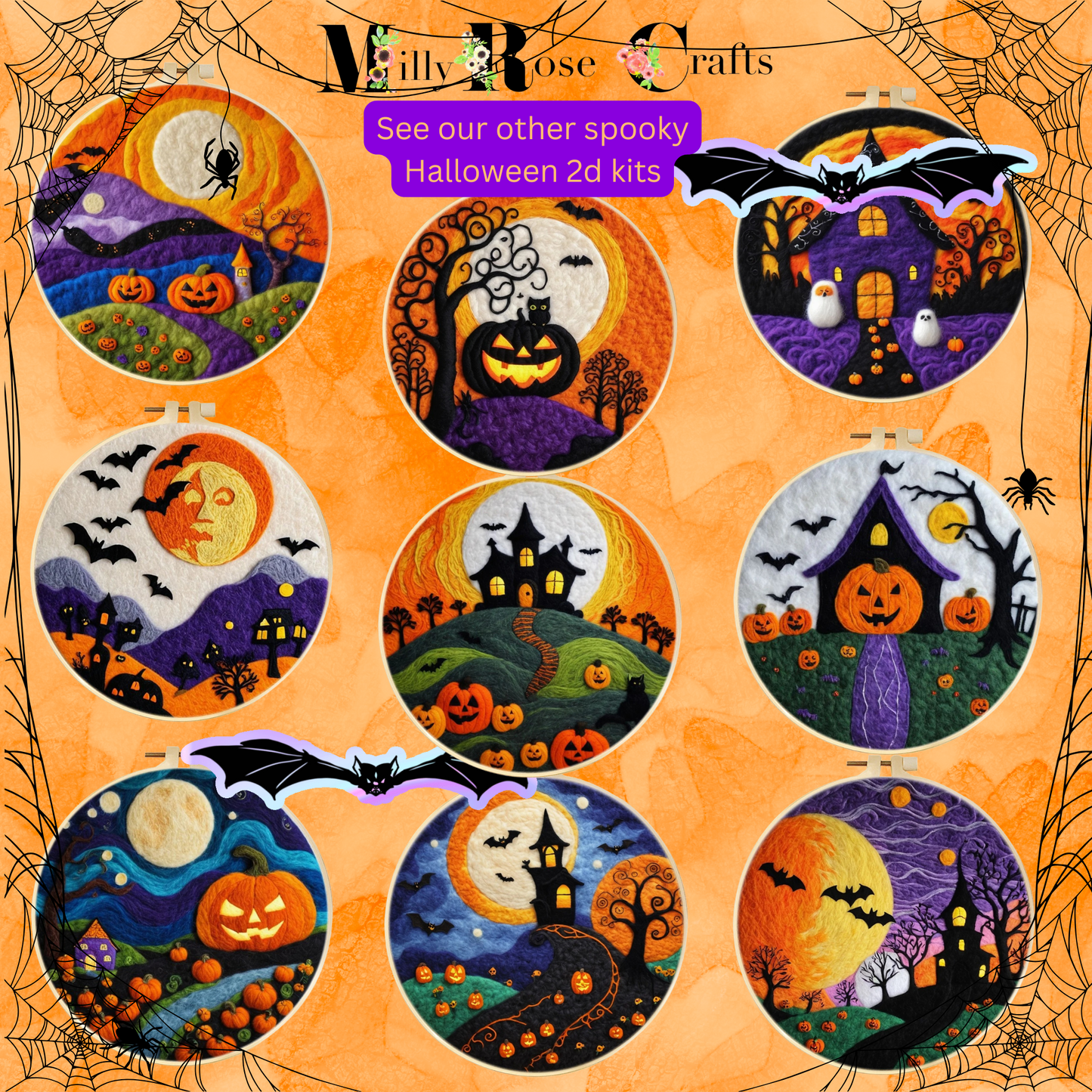 Spooky Halloween 2D Needle Felting Kit Set 2 Adult Beginner Bats Pumpkin Haunted House Wool Painting Kit Complete Felting Kit Craft Gift 2D Needle Felting Kit 2D Needle Felting, the wonderful art of wool painting