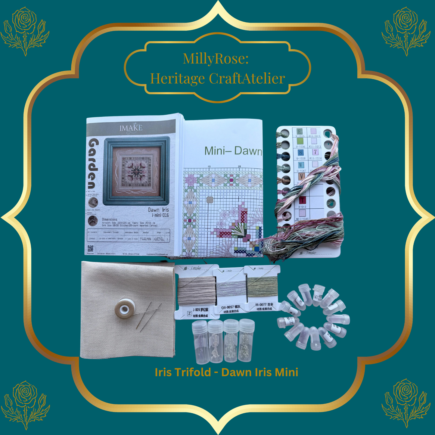 IMAKE Iris Trifold: Dawn Iris Mini Luxury Cross Stitch & Mixed Media Needlework Kit Bead & Silk Embroidery