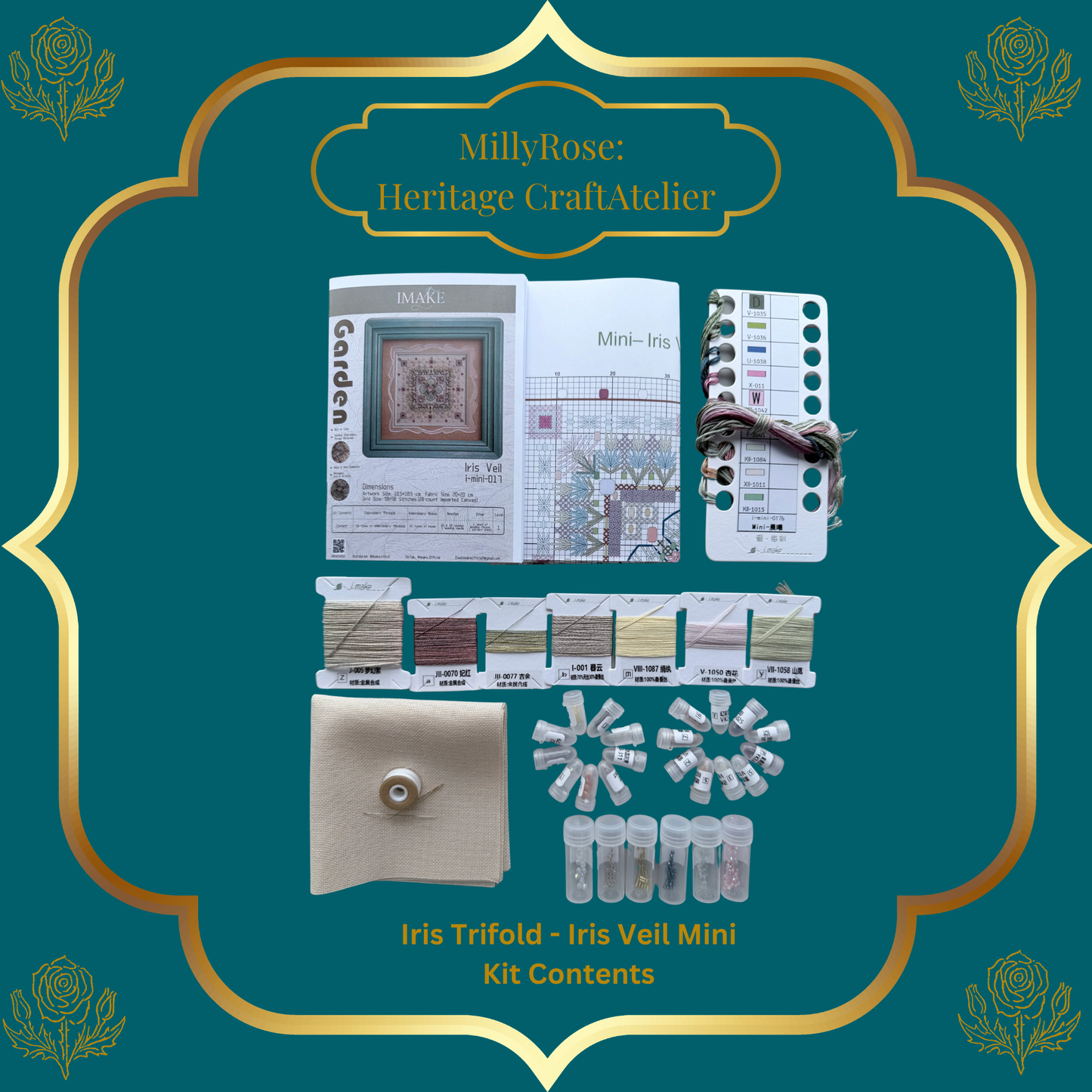 IMAKE Iris Trifold: Iris Veil Mini Luxury Cross Stitch & Mixed Media Needlework Kit Bead & Silk Embroidery