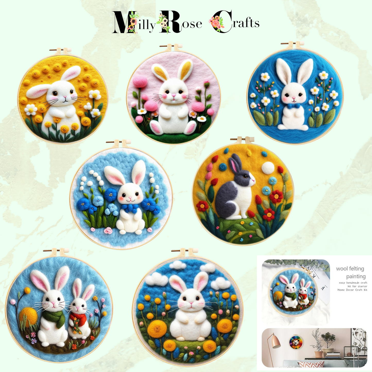 2D Rabbit Needle Felting Kit Adult Beginner Easter Bunny Wool Painting Kit Complete Spring Bunnies Felting Kit Craft Gift Idea