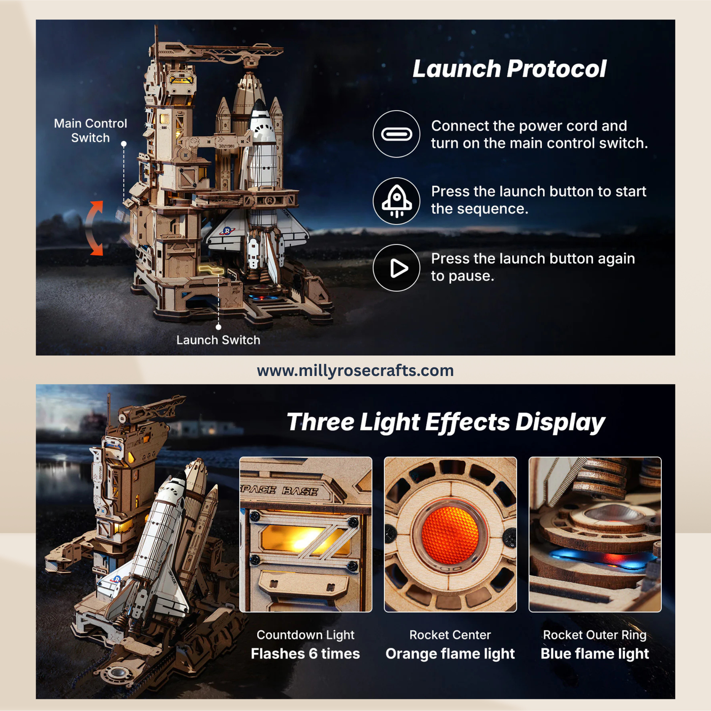 ROKR Space Shuttle 3D Wooden Puzzle Moving Rocket Launch Tower with Lights Mechanical Building STEM Project for Adults Teens Perfect Gift