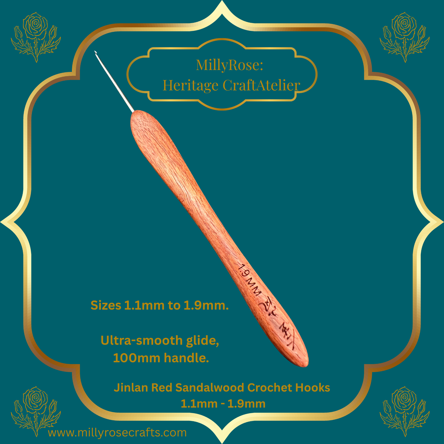 Jinlan Red Sandalwood Crochet Hook, Micro Crochet 1.1mm to 1.9mm High End Ergonomic Crochet Tool, Luxury Handcrafted Lace Hook, Heirloom Fiber Arts Gift, 100mm Handle