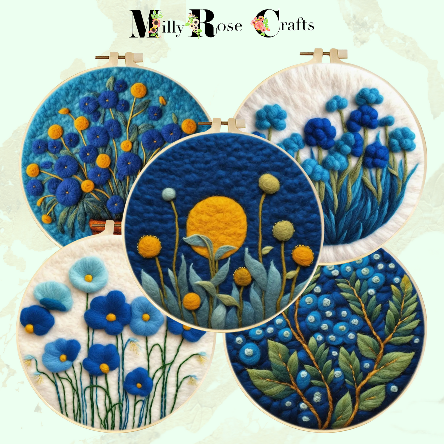 2D Floral Needle Felting Kit Adult Beginner Blue Themed Wool Painting Kit Complete Felting Kit 20cm Hoop Craft Gift Idea