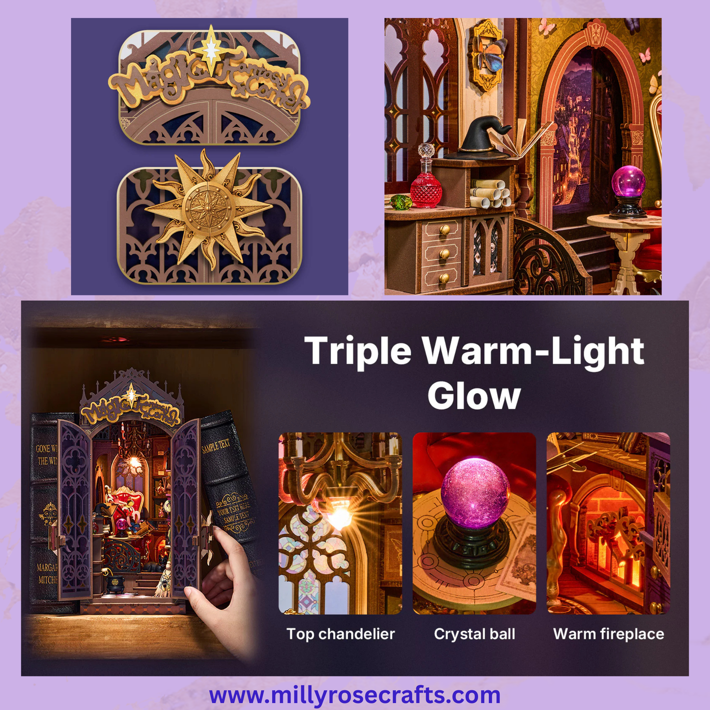 Rolife Magic Fantasy Corner Book Nook Kit Neo-Gothic Wizardry Bookshelf Insert Auto-On LED Light Desk Bookshelf Decoration 14+ Craft Gift