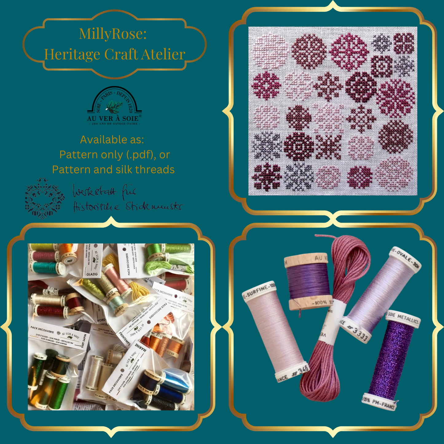 Historische Stickmuster Explorer Silk Cross Stitch Kit  Au Ver à Soie Fushia Burgundy Prune  Discovery Pack Sampler
