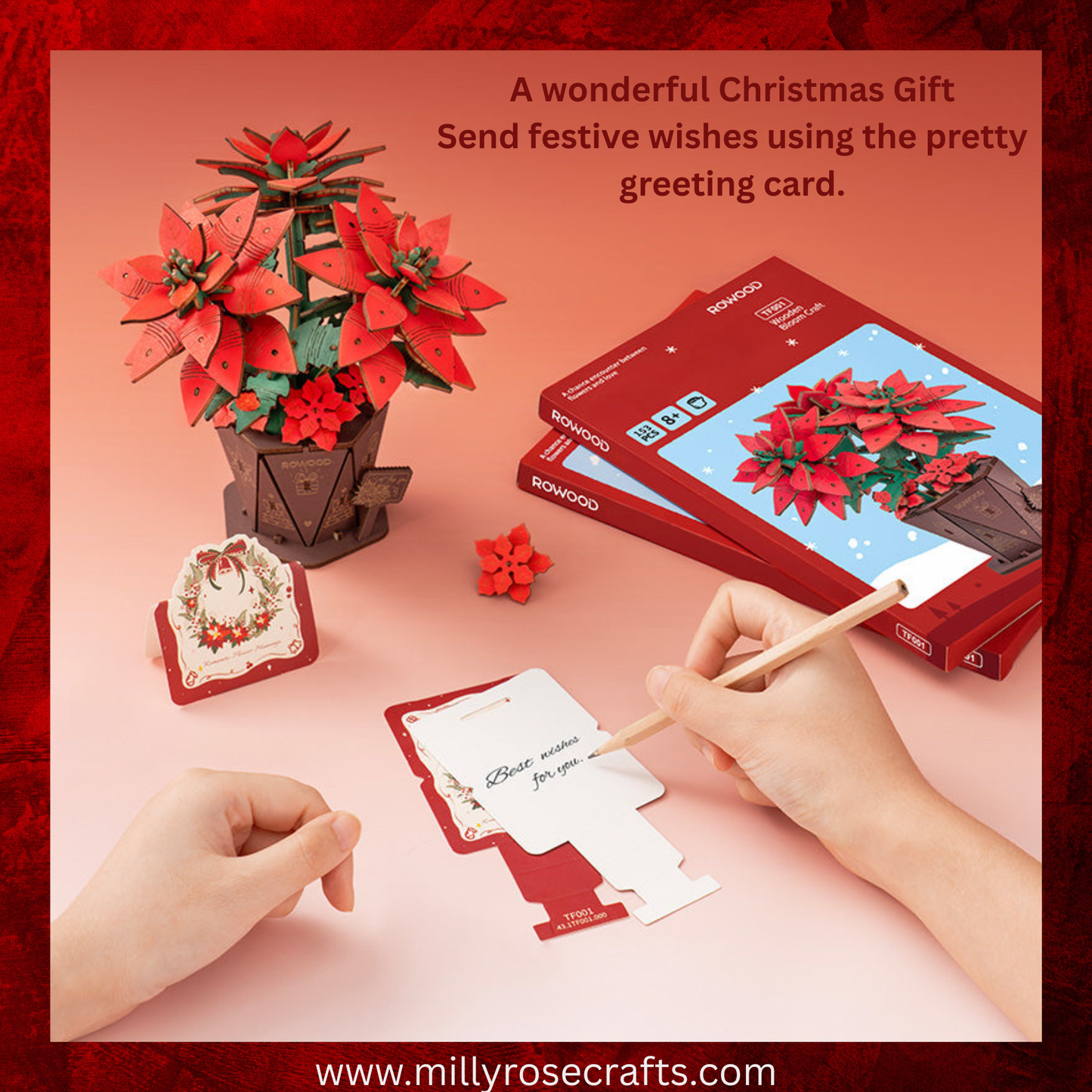 Rowood Christmas Poinsettia Flower Kit Robotime 3D Puzzle DIY Wooden Flower Craft Kit Christmas Table Décor Wooden Craft Gift Toy Gift Kit