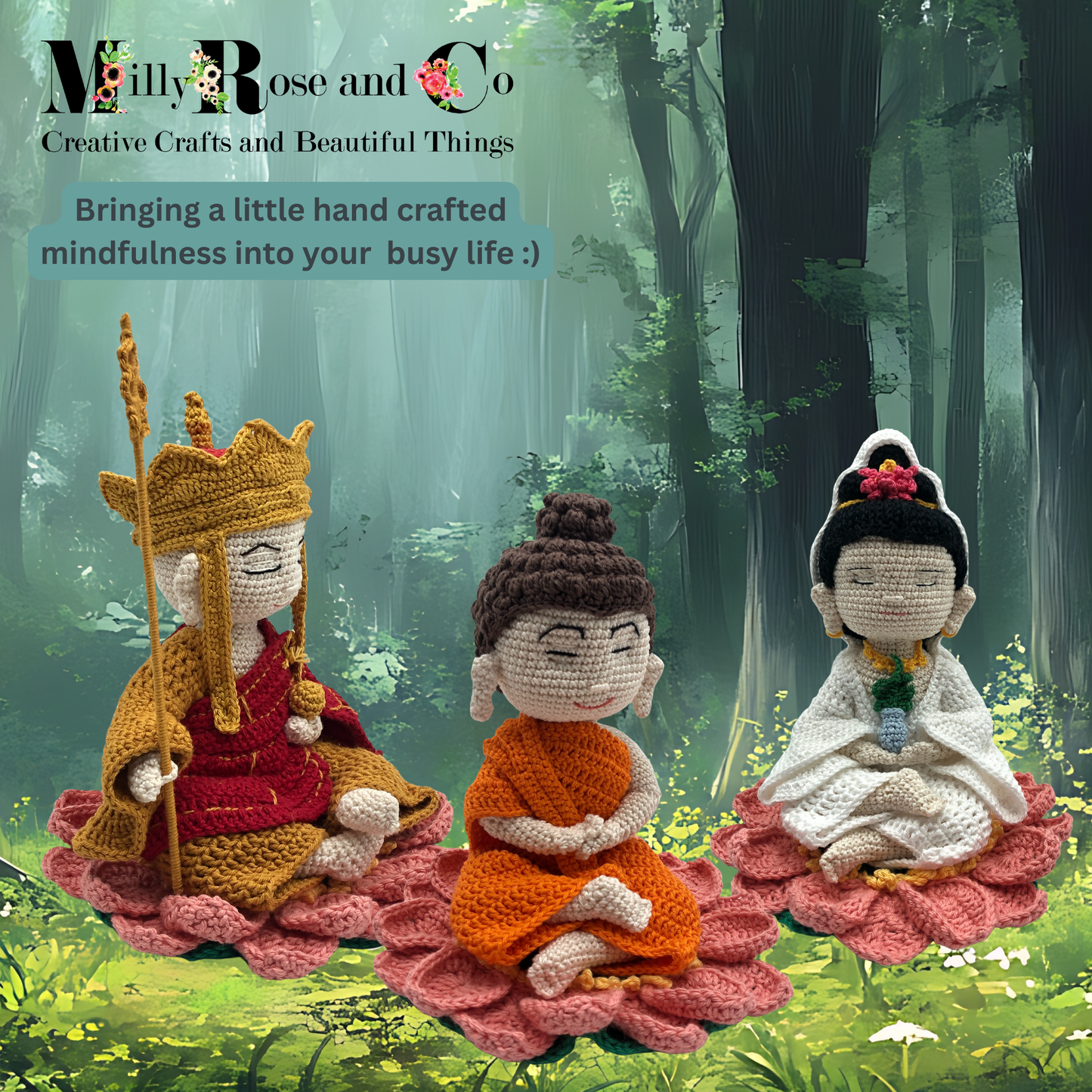 Hand-Crocheted Buddha Bodhisattva Figure Lotus Flower Coaster Peaceful Monk Amigurumi  Meditation & Wellbeing Altar Gift