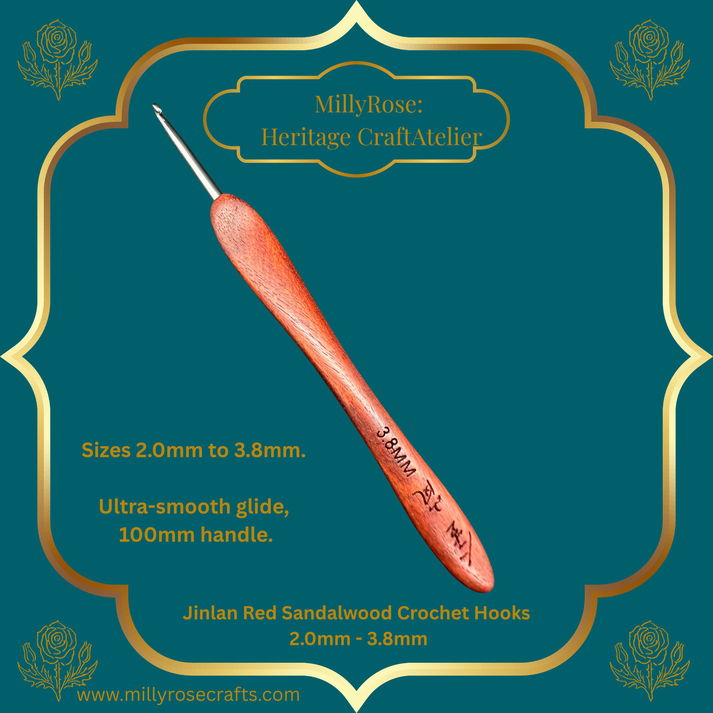 Jinlan Red Sandalwood Crochet Hook, Micro Crochet 2.0mm to 3.8mm High End Ergonomic Crochet Tool, Luxury Handcrafted Lace Hook, Heirloom Fiber Arts Gift, 100mm Handle