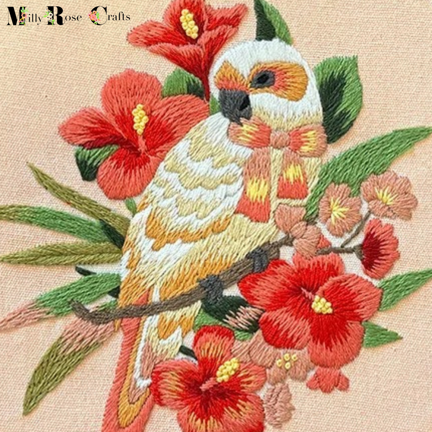 Cockatiel Parakeet Embroidery Kit Parrot Cross Stitch Bird & Flower Embroidery 20cm Hoop English Instruction Complete DIY Embroidery Craft