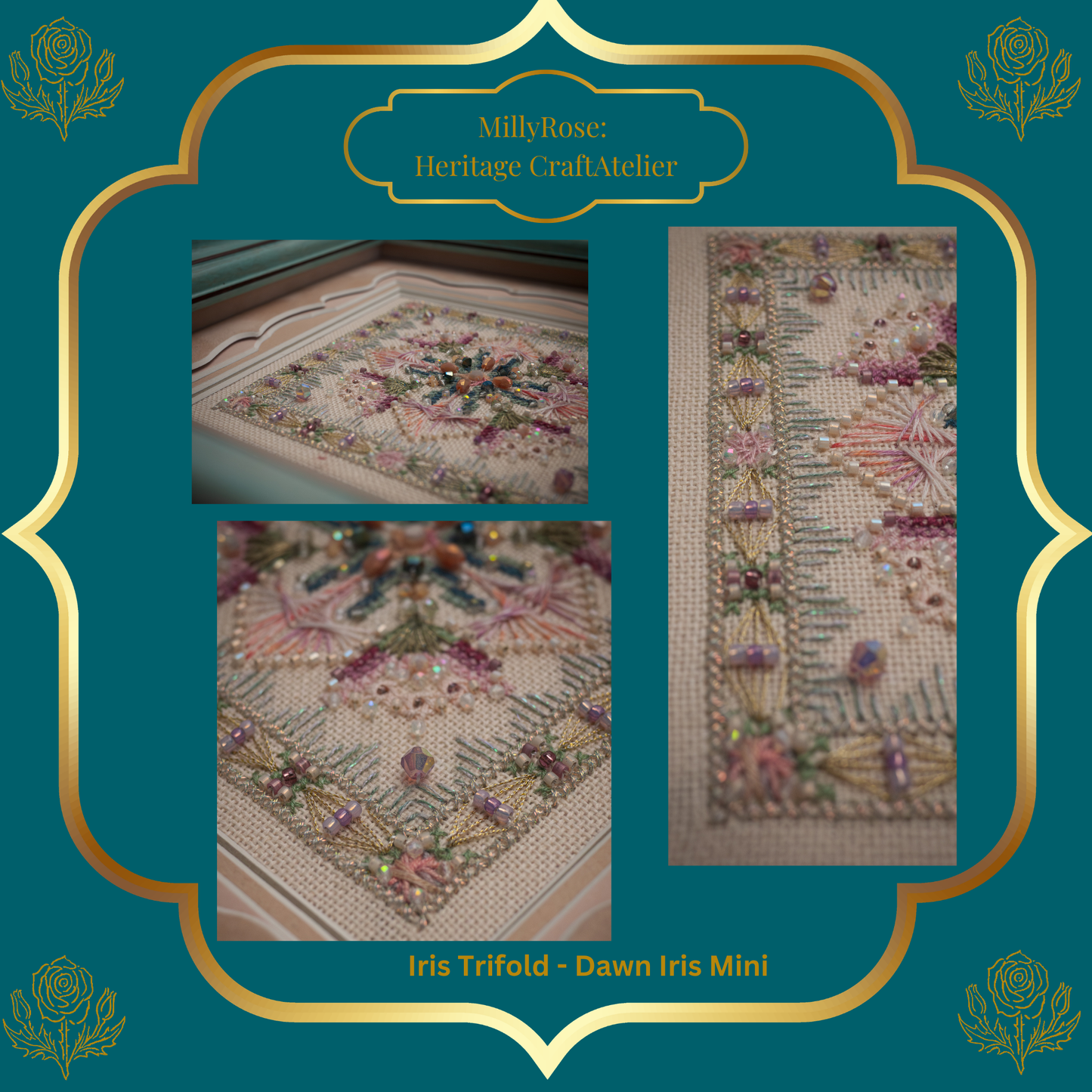 IMAKE Iris Trifold: Dawn Iris Mini Luxury Cross Stitch & Mixed Media Needlework Kit Bead & Silk Embroidery