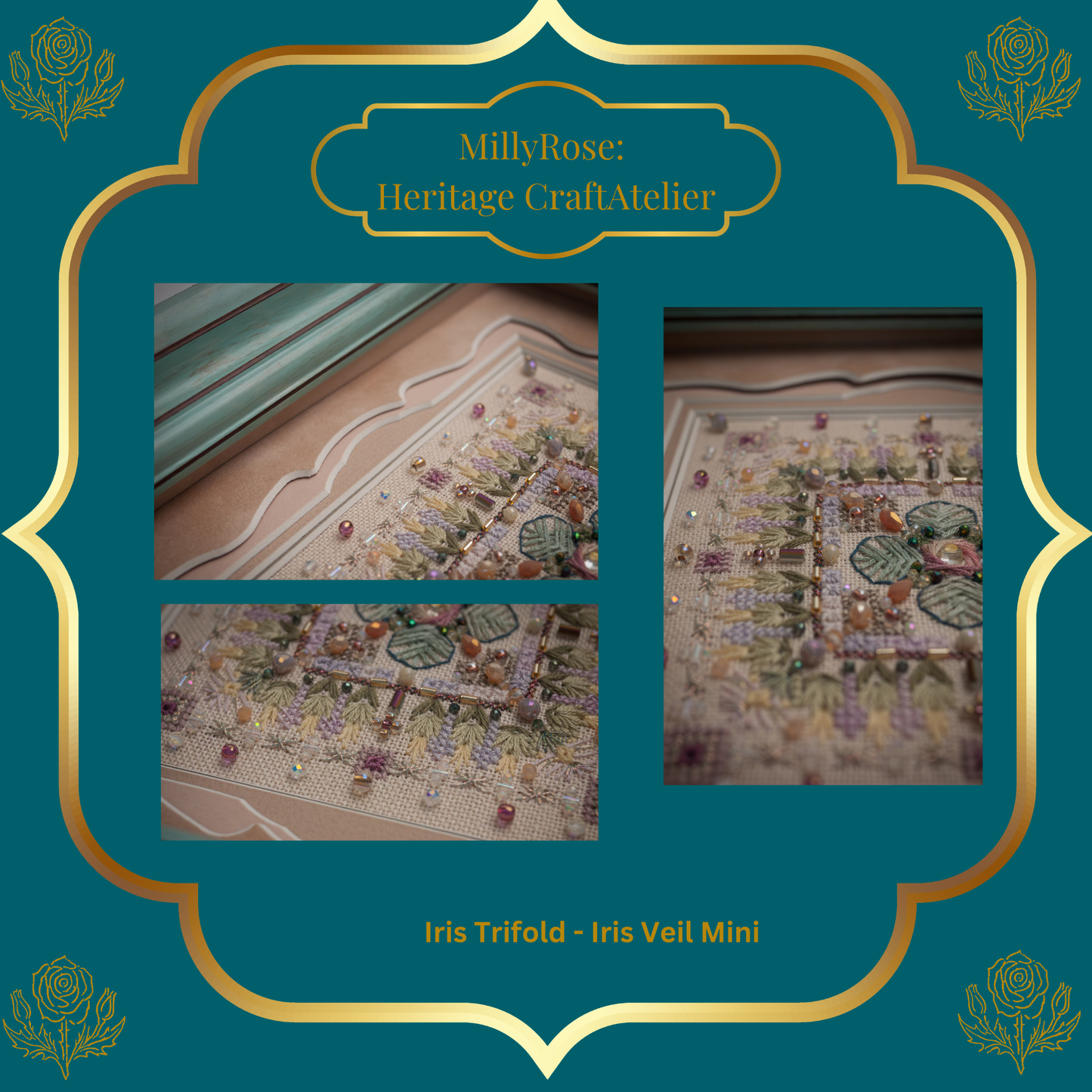 IMAKE Iris Trifold: Iris Veil Mini Luxury Cross Stitch & Mixed Media Needlework Kit Bead & Silk Embroidery