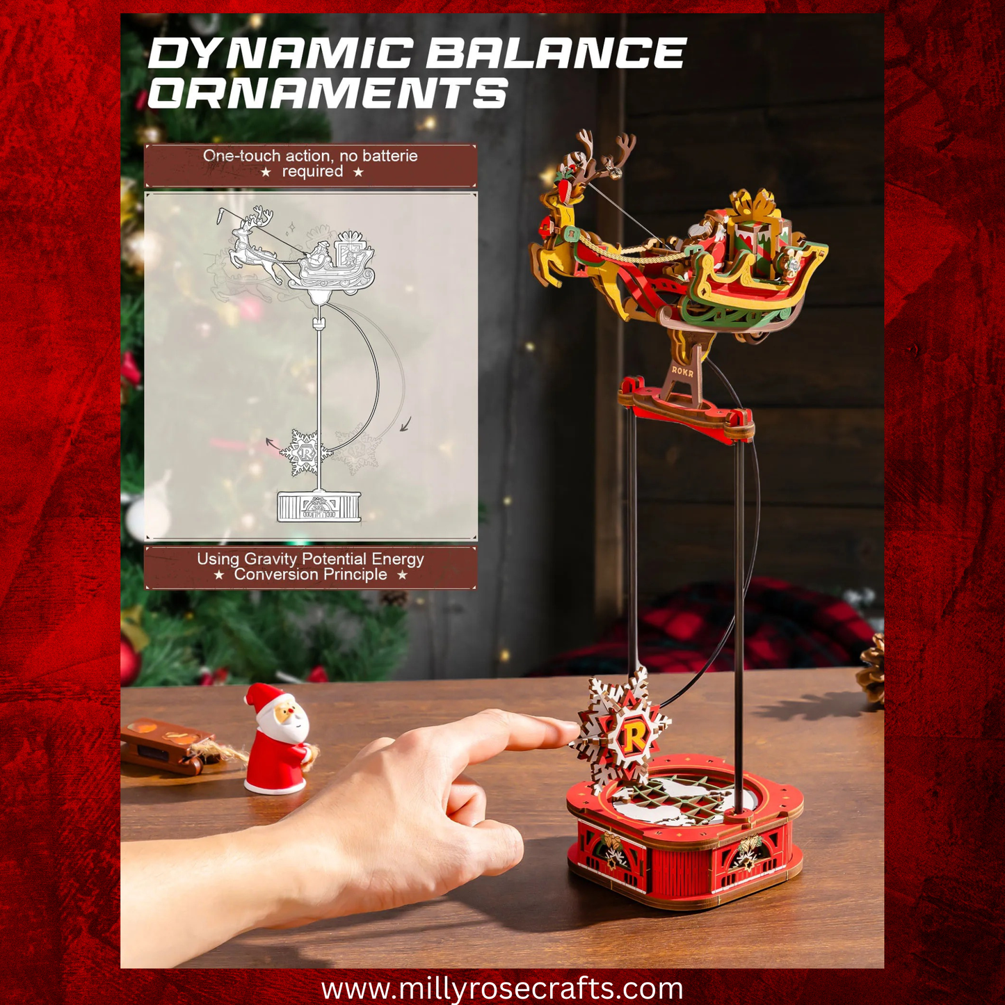 Rokr Santa on Sleigh Gravity Pendulum 3D Wooden Puzzle Perpetual Motion Kinetic Toy Swinging Desk Decor 14+ Stem Unique Christmas Gift