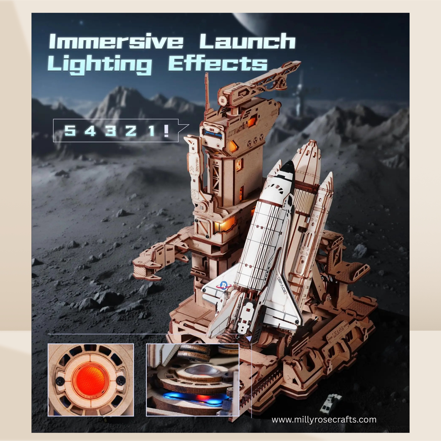 ROKR Space Shuttle 3D Wooden Puzzle Moving Rocket Launch Tower with Lights Mechanical Building STEM Project for Adults Teens Perfect Gift