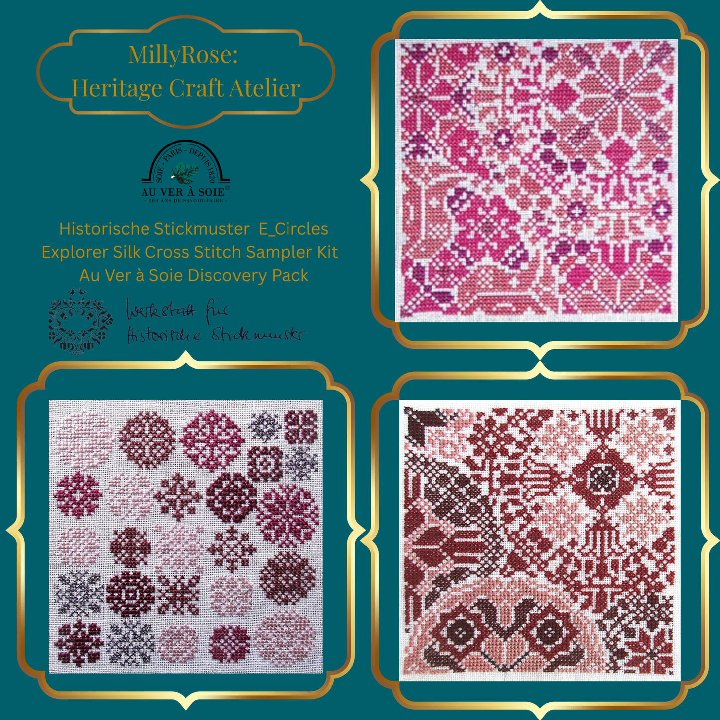 Historische Stickmuster Explorer Silk Cross Stitch Kit  Au Ver à Soie Fushia Burgundy Prune  Discovery Pack Sampler