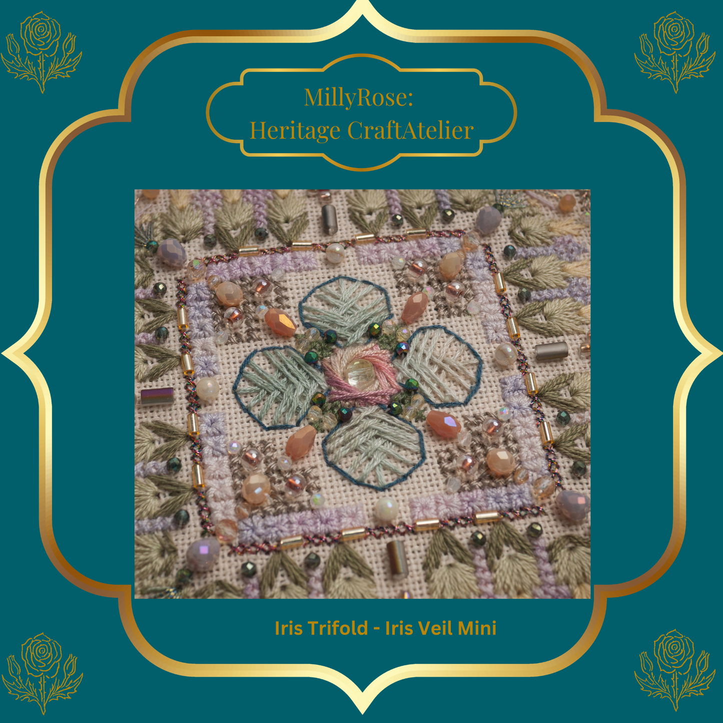 IMAKE Iris Trifold: Iris Veil Mini Luxury Cross Stitch & Mixed Media Needlework Kit Bead & Silk Embroidery