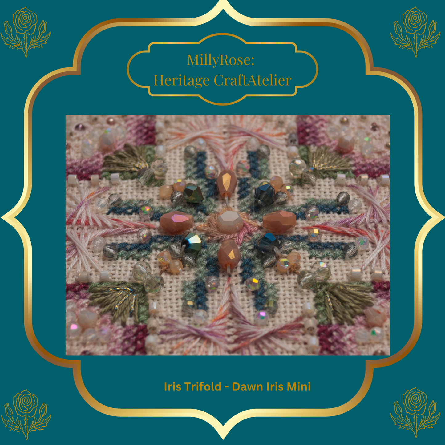 IMAKE Iris Trifold: Dawn Iris Mini Luxury Cross Stitch & Mixed Media Needlework Kit Bead & Silk Embroidery