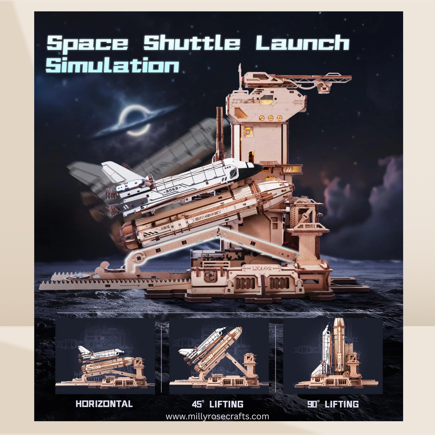 ROKR Space Shuttle 3D Wooden Puzzle Moving Rocket Launch Tower with Lights Mechanical Building STEM Project for Adults Teens Perfect Gift