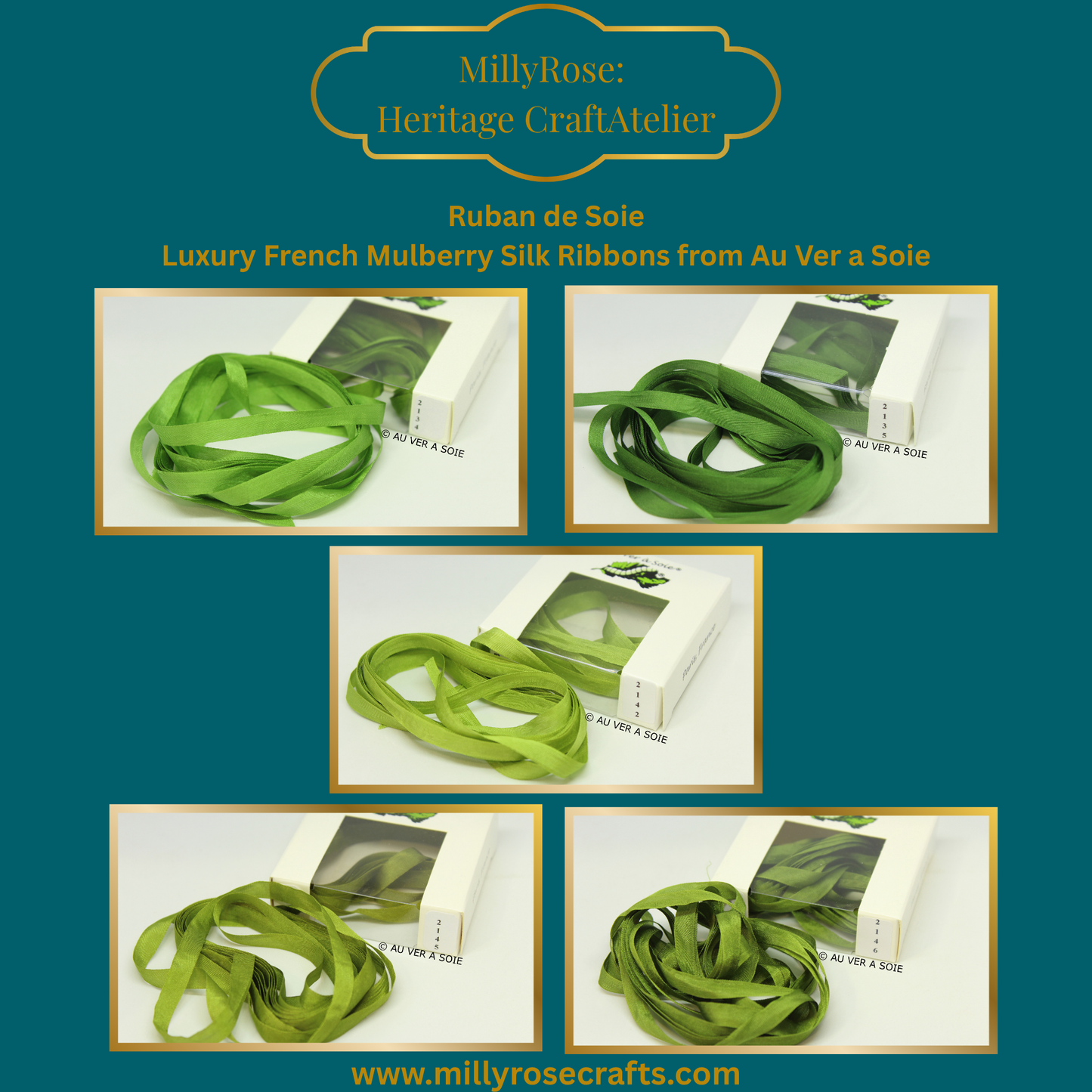 Au Ver à Soie – 4mm 7mm Mulberry Silk Ribbon The Continental Collection Green Silk Ribbons