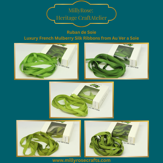 Au Ver à Soie – 4mm 7mm Mulberry Silk Ribbon The Continental Collection Green Silk Ribbons