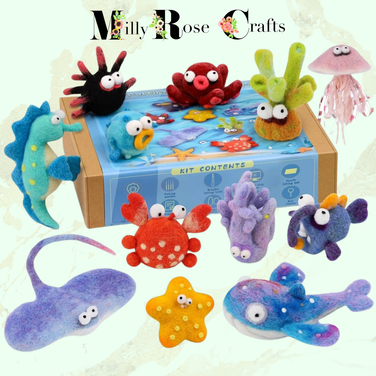 Sea Life Needle Felting Kit Beginners Adults, 12 Sea Animals Needle Felting Kit Wool Roving Felting Needles Wool Felting Pad Instructions