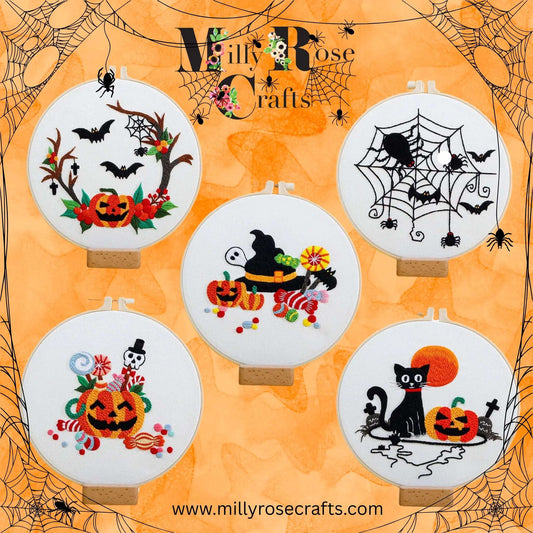 Halloween Embroidery Witches Pumpkins Ghosts Easy Embroidery kits Set 1a: 5 Designs to choose from, Beginner friendly stamped cross stitch Embroidery kit New Arrivals in the MillyRose Crafts Family