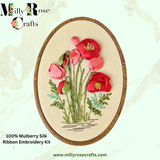 Mulberry Silk Ribbon Embroidery Kit, Red Poppy Blooms, Beginner Needlework Craft