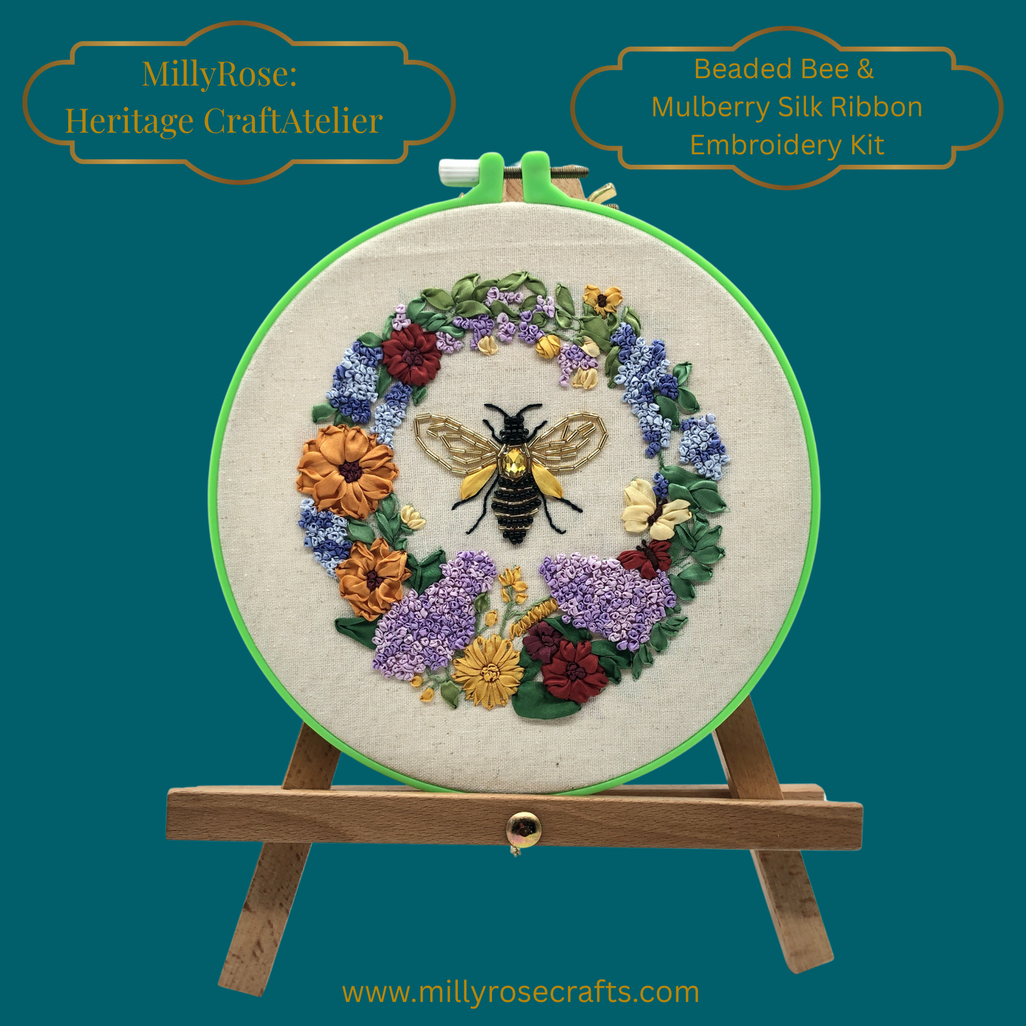 Beaded Bee & Mulberry Silk Ribbon Embroidery Kit | Heritage Craft Wreath Design by MillyRose