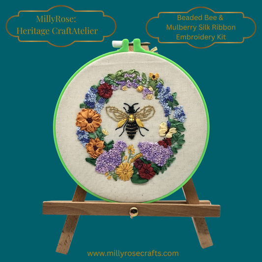 Beaded Bee & Mulberry Silk Ribbon Embroidery Kit | Heritage Craft Wreath Design by MillyRose