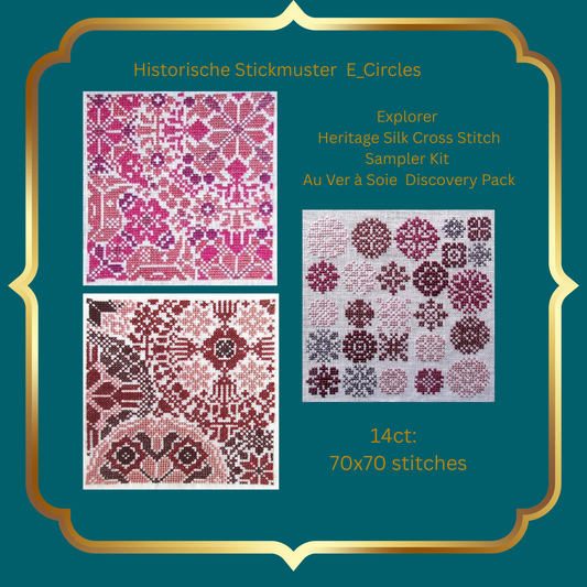 Historische Stickmuster Explorer Silk Cross Stitch Kit  Au Ver à Soie Fushia Burgundy Prune  Discovery Pack Sampler
