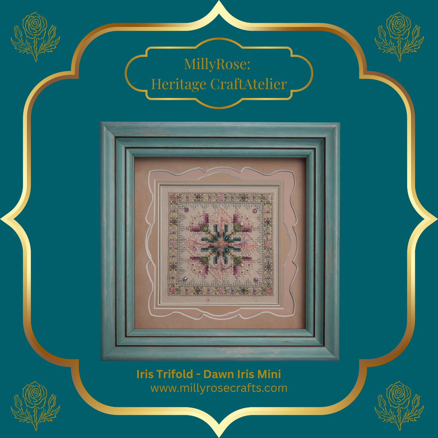 IMAKE Iris Trifold: Dawn Iris Mini Luxury Cross Stitch & Mixed Media Needlework Kit Bead & Silk Embroidery