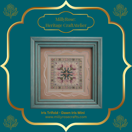 IMAKE Iris Trifold: Dawn Iris Mini Luxury Cross Stitch & Mixed Media Needlework Kit Bead & Silk Embroidery