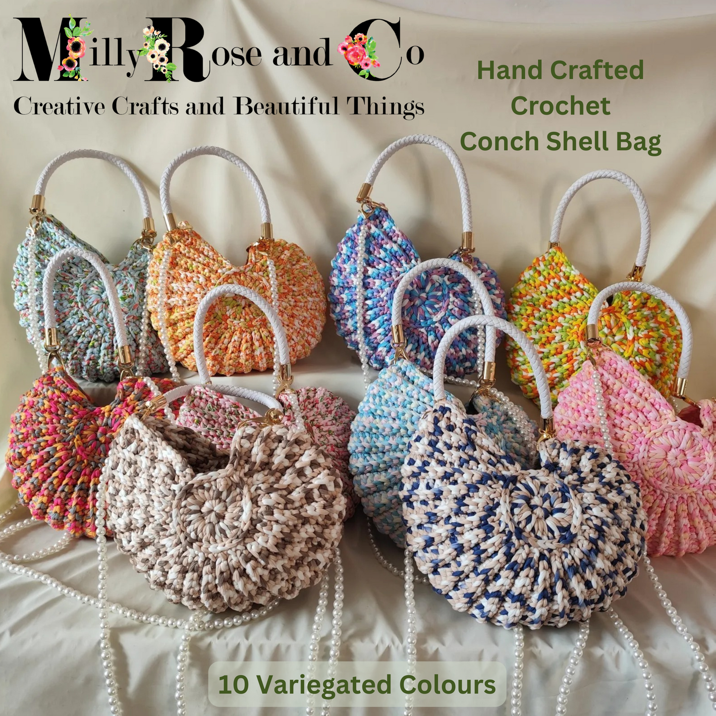 Crochet Nautilus Shell Hand Bag Handmade Shell Cross Body Variegated Colour Novelty Conch Bag Pearl Chain Gift Idea