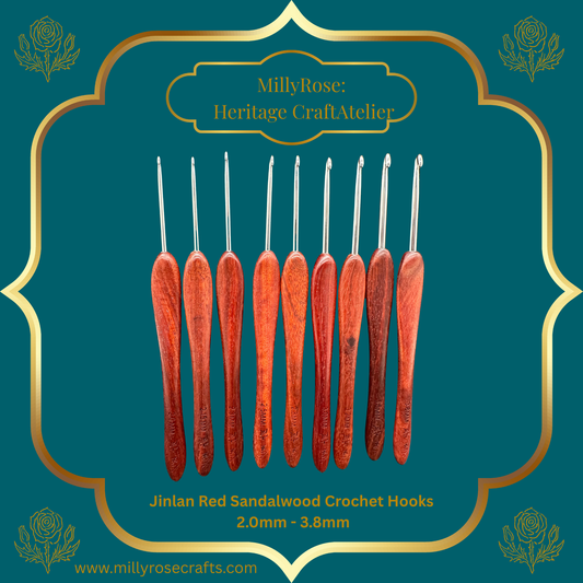 Jinlan Red Sandalwood Crochet Hook, Micro Crochet 2.0mm to 3.8mm High End Ergonomic Crochet Tool, Luxury Handcrafted Lace Hook, Heirloom Fiber Arts Gift, 100mm Handle